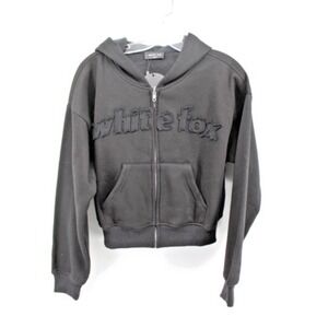 NWT White Fox Black Zip Up Hoodie XS Boxy Cropped Logo Graphic Sweatshirt